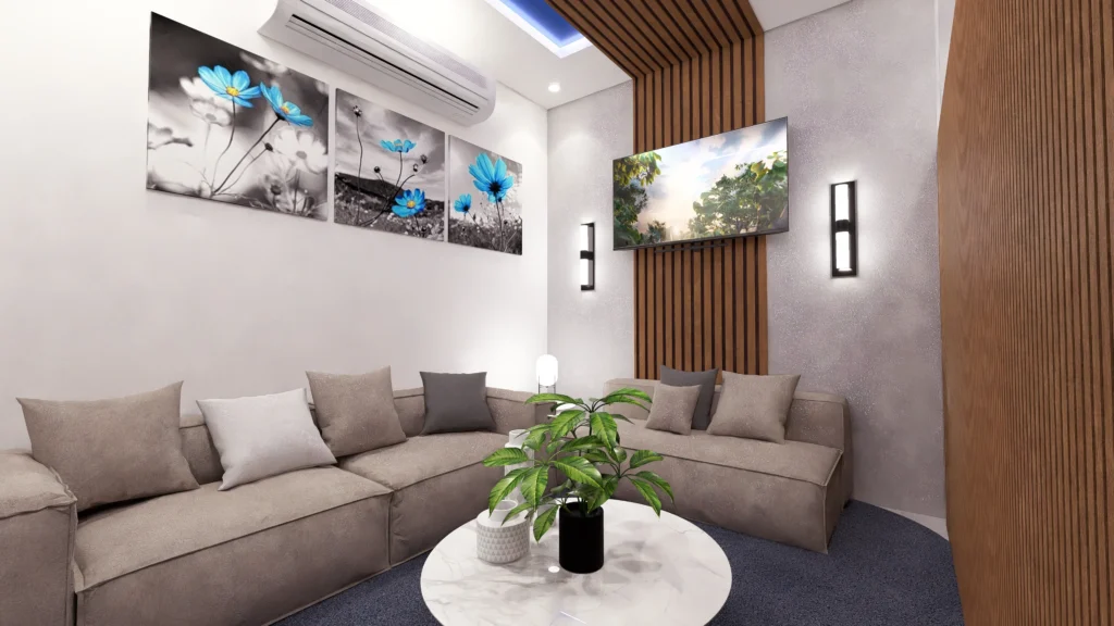 Modern interior design living room with elegant furniture, false ceiling, wooden wall panels, ambient lighting, and contemporary home decor.
