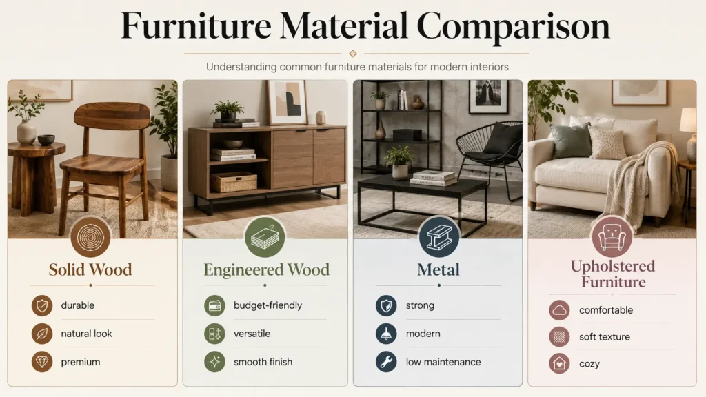 Comparison of wood metal and upholstered furniture materials