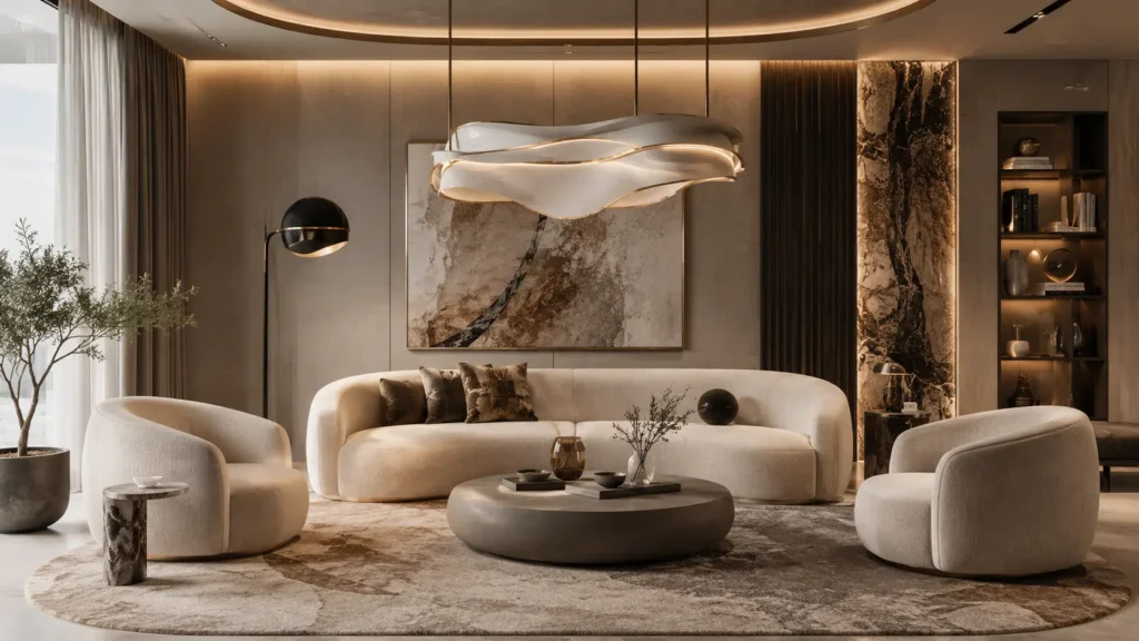 Contemporary living room featuring curved furniture, designer lighting, textured walls, and elegant modern décor.