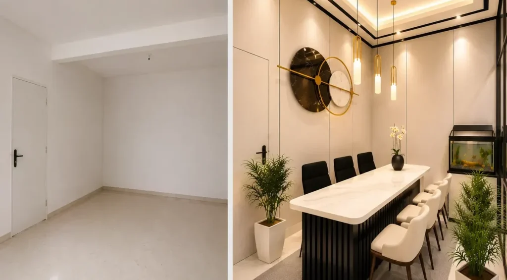 Before and after comparison showing how professional interior design improves functionality, comfort, and aesthetics.