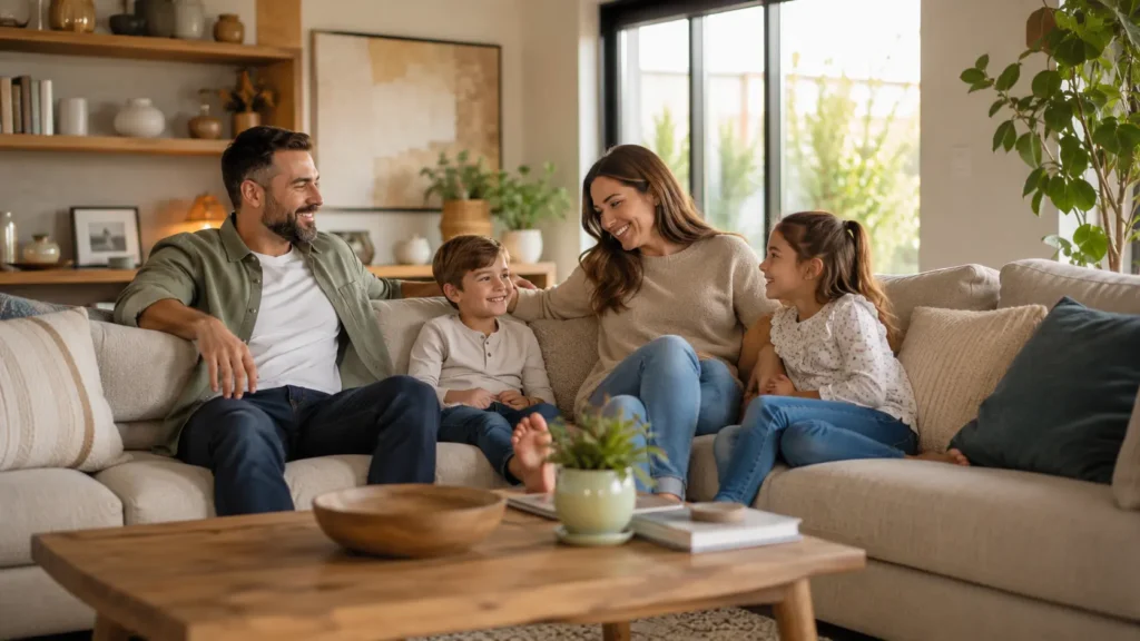 Modern family living room designed for comfort, functionality, and everyday living.