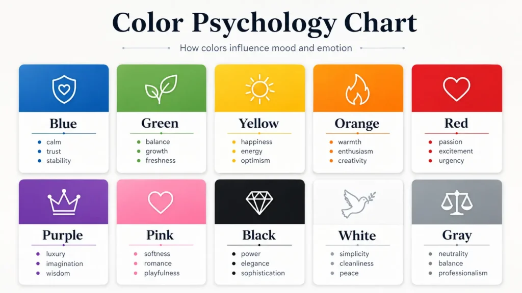 Interior design color psychology chart showing how different colors influence mood and atmosphere.
