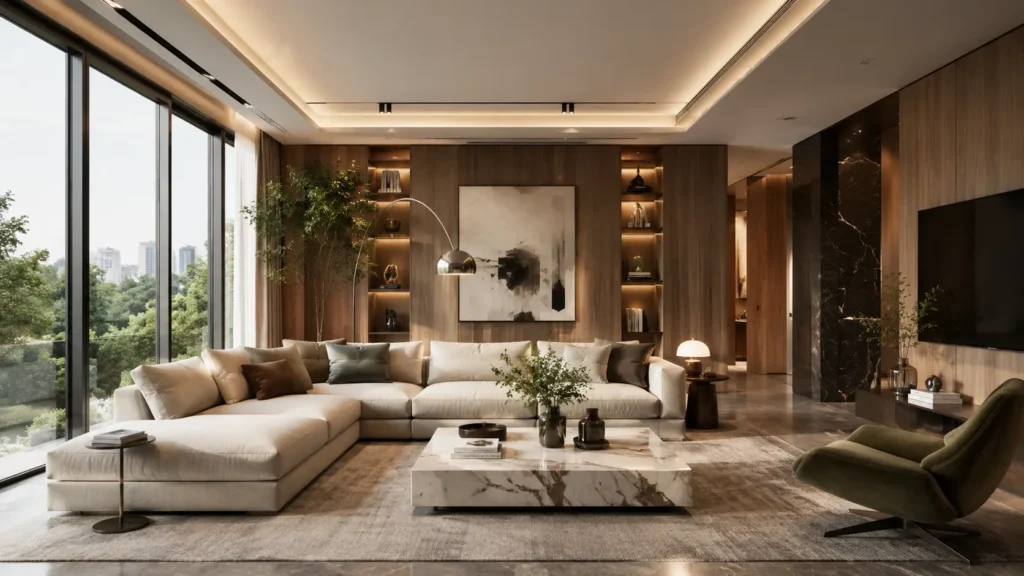 Modern interior design featuring a neutral living room with wooden panels, ambient lighting, and contemporary furniture.