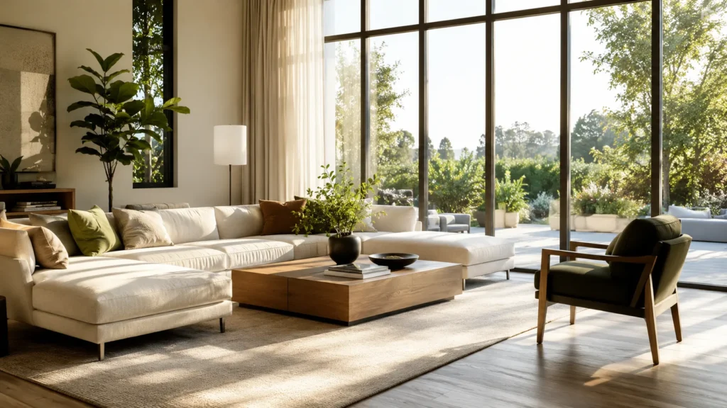 Modern living room with large windows maximizing natural daylight and creating a bright interior.
