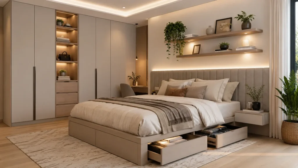Modern bedroom with built-in wardrobe, floating shelves, and smart storage solutions.