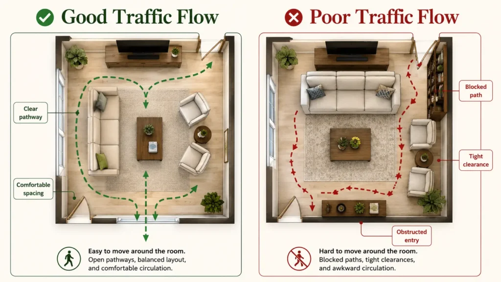 Interior space planning diagram showing good and poor furniture layouts for better traffic flow.