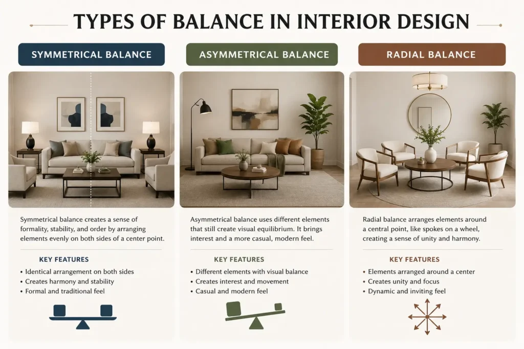 Examples of symmetrical, asymmetrical, and radial balance in interior design.