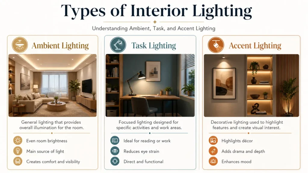 Ambient task and accent lighting in a modern living room